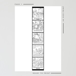 以下が含まれることがあります： ヨナの物語を描いた5つのパネルの縦型コミックストリップが特徴の、白黒のA4サイズプリント。各パネルには線画のイラストとテキストが含まれています：God told Jonah to go to Nineveh, Jonah sailed away instead, A wild storm shook the ship, A great fish swallowed Jonah, Jonah obeyed God and went to Nineveh。