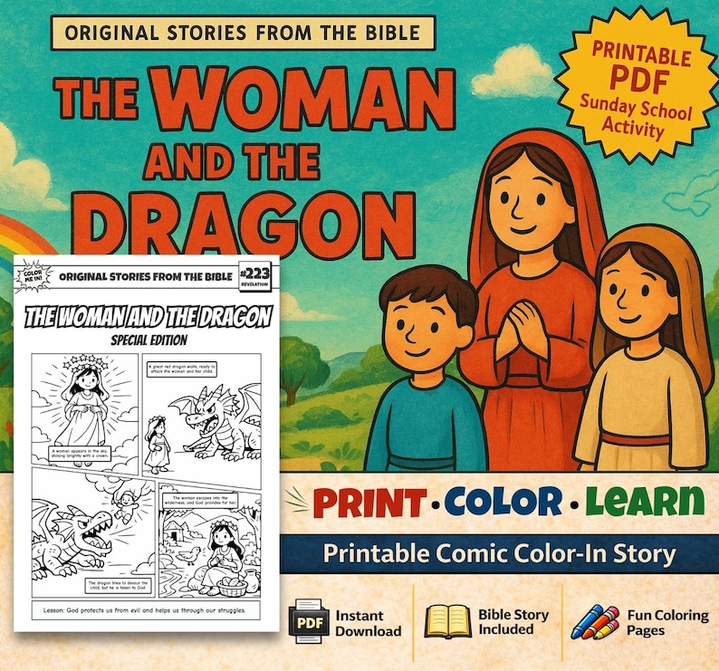 The Woman and the Dragon Bible Comic Colouring Page: listing photo