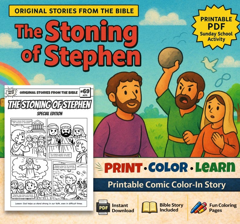 The Stoning of Stephen Bible Comic Colouring Page: listing photo