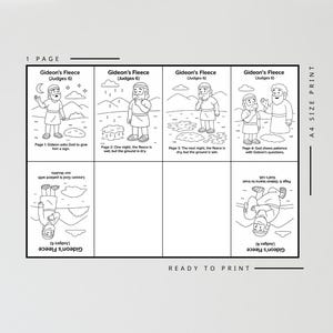 May include: A black and white illustrated printable page titled "Gideon's Fleece" from Judges 6. The page features five panels with sequential scenes and text, including "Ready to Print" and "A4 Size Print".
