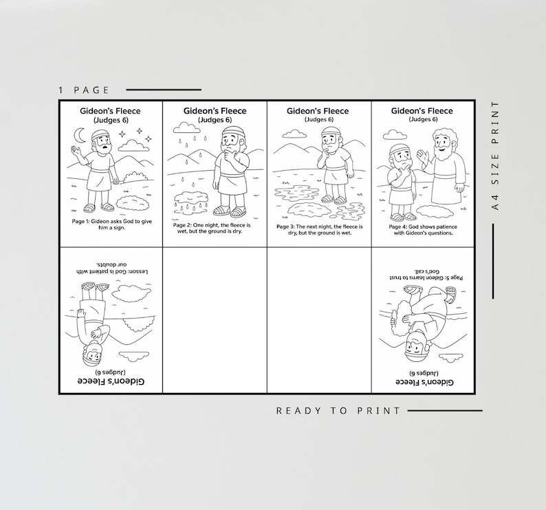 May include: A black and white illustrated printable page titled "Gideon's Fleece" from Judges 6. The page features five panels with sequential scenes and text, including "Ready to Print" and "A4 Size Print".