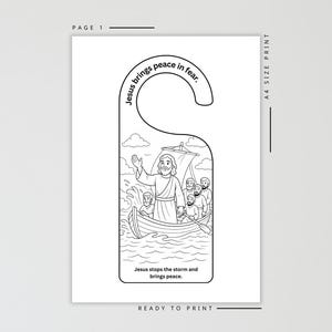 May include: Black and white door hanger with a drawing of Jesus in a boat, calming a storm. The text reads "Jesus brings peace in fear" and "Jesus stops the storm and brings peace." Ready to print, A4 size.