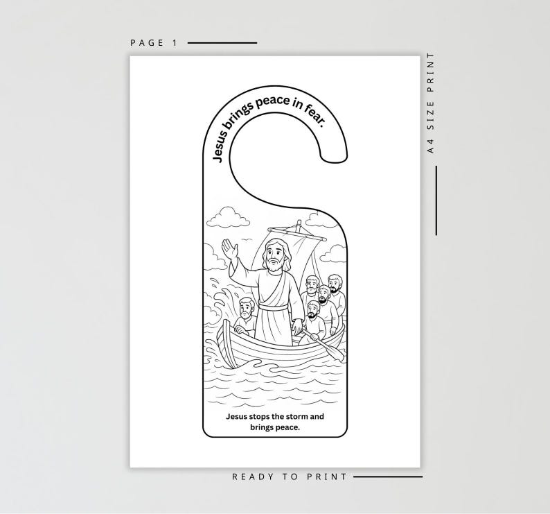 May include: Black and white door hanger with a drawing of Jesus in a boat, calming a storm. The text reads "Jesus brings peace in fear" and "Jesus stops the storm and brings peace." Ready to print, A4 size.