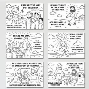 May include: Six black and white illustrated cards with Bible verses and images. The cards depict scenes from the Bible, including Jesus' baptism and teachings. Each card has text, such as "Prepare the Way for the Lord" and "This is my Son, Whom I Love."