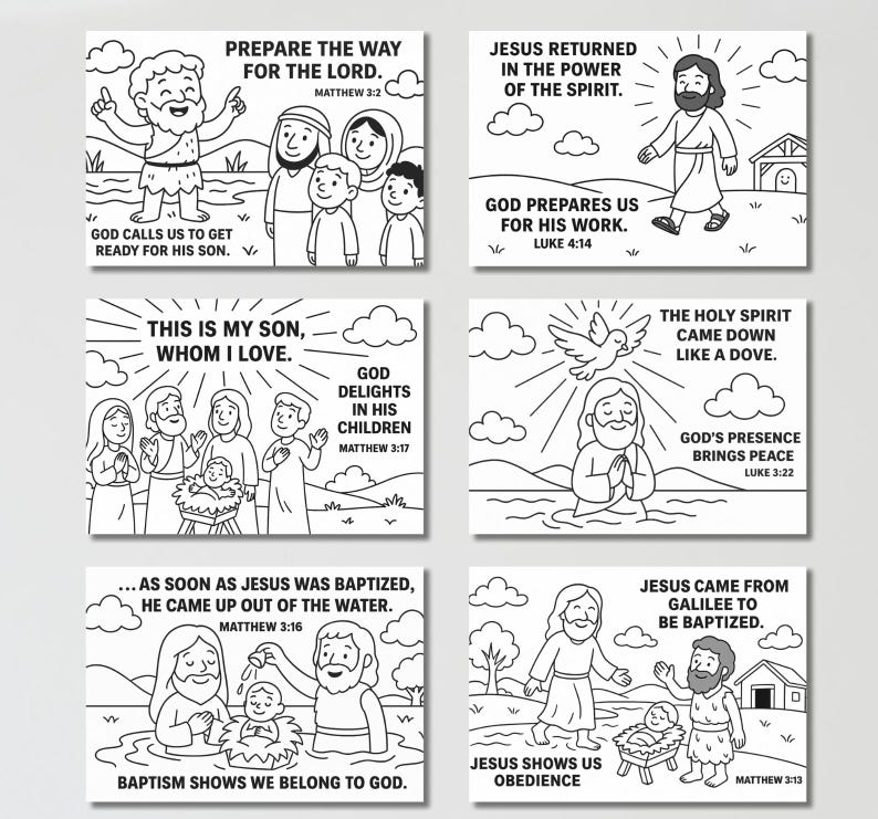 May include: Six black and white illustrated cards with Bible verses and images. The cards depict scenes from the Bible, including Jesus' baptism and teachings. Each card has text, such as "Prepare the Way for the Lord" and "This is my Son, Whom I Love."