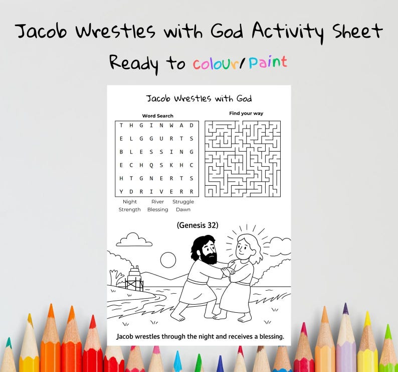 Jacob Wrestles with God Bible Activity Sheet: listing photo