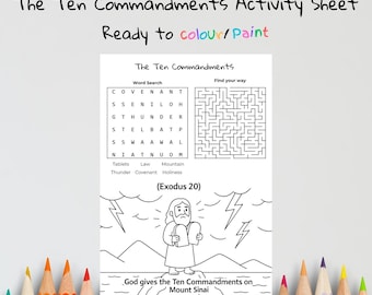 Könnte beinhalten: Schwarz-weiß Arbeitsblatt zu den Zehn Geboten mit Wortsuche, Labyrinth und Illustration von Moses. Der Text enthält "Ready to colour/paint" und "Gott gibt die Zehn Gebote auf dem Berg Sinai".