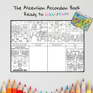 May include: Black and white line art of "The Ascension Accordion Book" with illustrations depicting biblical scenes. The text "Ready to colour/paint" is above the illustrations. A small sample book is in the upper right corner.