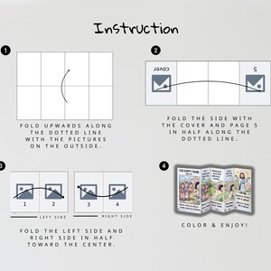 May include: Instructional diagram for a craft project. The image shows a step-by-step guide with numbered illustrations and text instructions. The final product is a folded booklet with colorful illustrations and the text "The Empty Tomb".