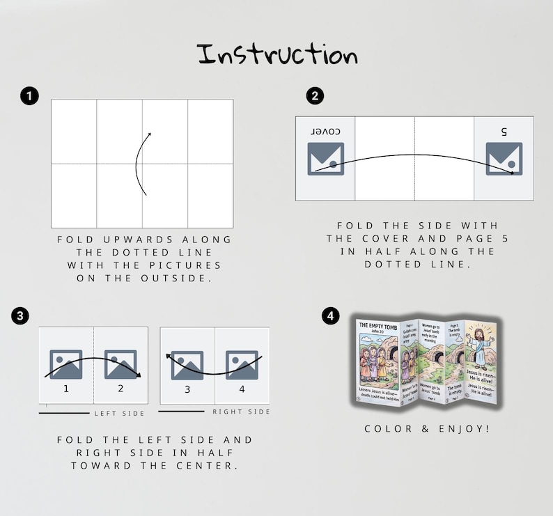 May include: Instructional diagram for a craft project. The image shows a step-by-step guide with numbered illustrations and text instructions. The final product is a folded booklet with colorful illustrations and the text "The Empty Tomb".