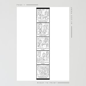 May include: A black and white illustrated print featuring a sequential story about Esther. The print includes text and illustrations depicting key moments from the story, such as Esther speaking to the king. The words "READY TO PRINT" and "A4 SIZE PRINT" are also visible.