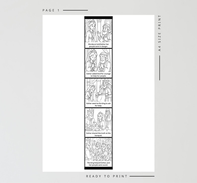 May include: A black and white illustrated print featuring a sequential story about Esther. The print includes text and illustrations depicting key moments from the story, such as Esther speaking to the king. The words "READY TO PRINT" and "A4 SIZE PRINT" are also visible.