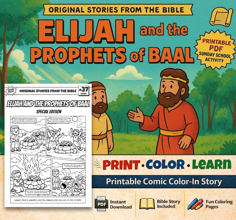Elijah vs Prophets of Baal Bible Comic Colouring Page for Kids: listing photo
