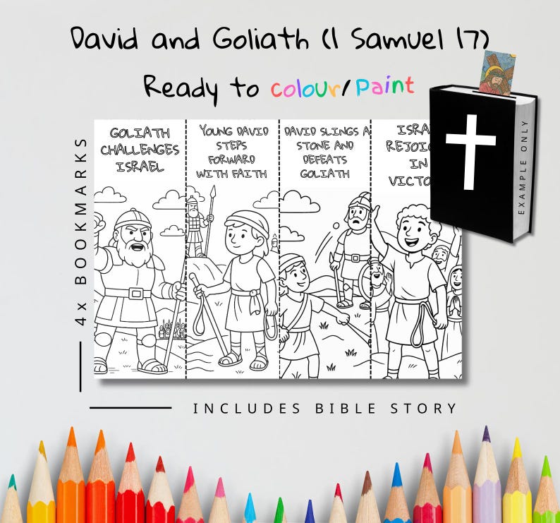 David and Goliath Bible Story Colouring Bookmarks: listing photo