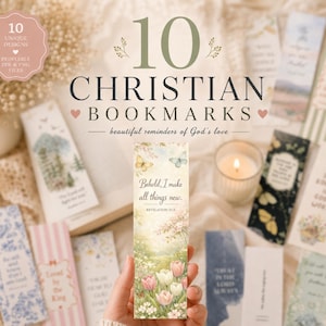 May include: A collection of ten Christian bookmarks with unique designs. The bookmarks feature floral and landscape illustrations, with inspirational quotes and the text "10 CHRISTIAN BOOKMARKS". The image includes a lit candle and the text "Behold, I make all things new."