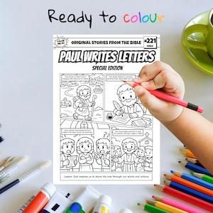 K&ouml;nnte beinhalten: Eine schwarz-wei&szlig;e Malvorlage mit dem Titel Paul Writes Letters Special Edition #221. Die Seite enth&auml;lt vier Comic-Panels, die biblische Szenen mit Sprechblasen darstellen. Der Text Ready to colour steht oben in schwarzen und bunten Buchstaben.