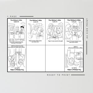 May include: A black and white illustrated page from Luke 21, "The Widow's Mite", with text. The images show scenes of people giving offerings and Jesus observing a widow's small gift. The text includes "Ready to Print" and "A4 Size Print".