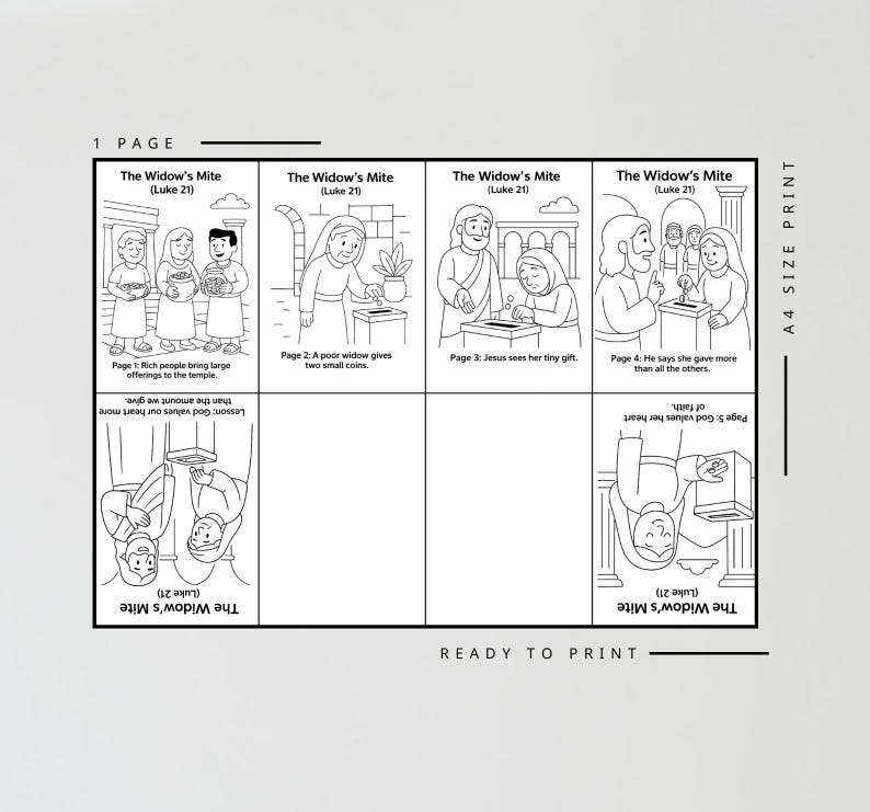 May include: A black and white illustrated page from Luke 21, "The Widow's Mite", with text. The images show scenes of people giving offerings and Jesus observing a widow's small gift. The text includes "Ready to Print" and "A4 Size Print".