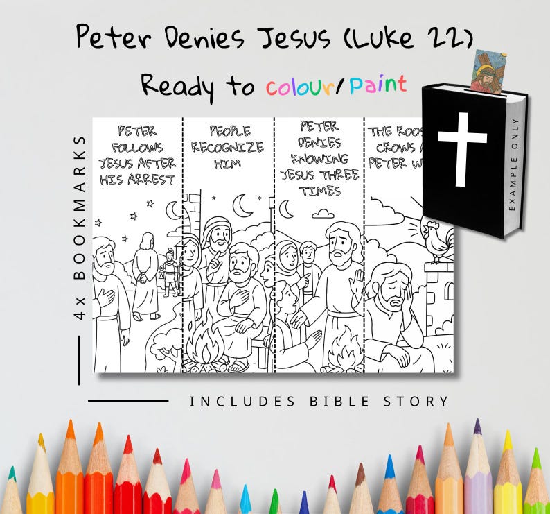 Peter Denies Jesus Bible Story Colouring Bookmarks: listing photo