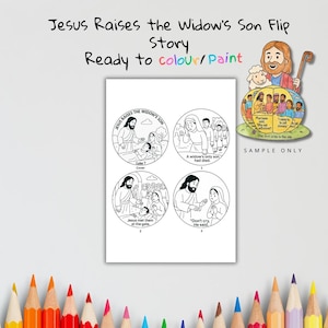 Puede incluir: Una historia ilustrada en blanco y negro titulada "Jes&uacute;s resucita al hijo de la viuda". La historia est&aacute; lista para colorear o pintar y presenta cuatro ilustraciones circulares que representan escenas de la historia b&iacute;blica. Una ilustraci&oacute;n colorida de Jes&uacute;s est&aacute; en la esquina superior derecha.