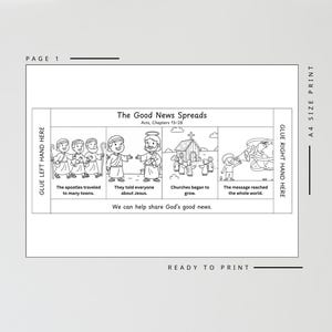 May include: Black and white printable page with the title "The Good News Spreads" and illustrations depicting biblical scenes. Includes text: "The apostles traveled to many towns," "They told everyone about Jesus," and "Churches began to grow."