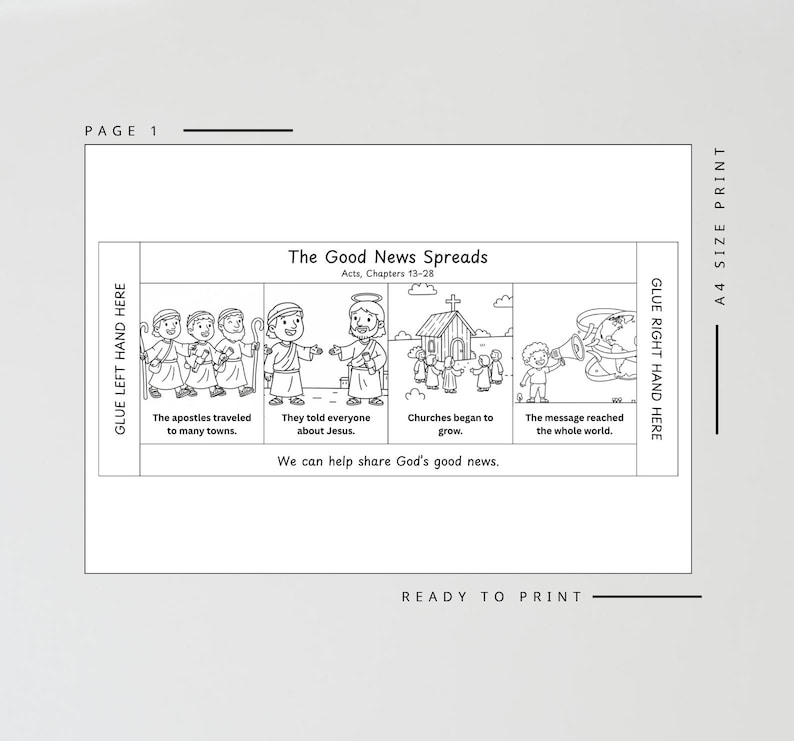 May include: Black and white printable page with the title "The Good News Spreads" and illustrations depicting biblical scenes. Includes text: "The apostles traveled to many towns," "They told everyone about Jesus," and "Churches began to grow."
