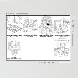 May include: Black and white line art illustration of a Bible story, "The Paralyzed Man." The image is divided into panels depicting scenes from the story, with text captions. The text includes "A man who cannot walk lies on a mat."