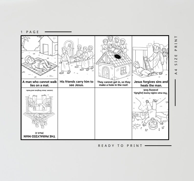 May include: Black and white line art illustration of a Bible story, "The Paralyzed Man." The image is divided into panels depicting scenes from the story, with text captions. The text includes "A man who cannot walk lies on a mat."