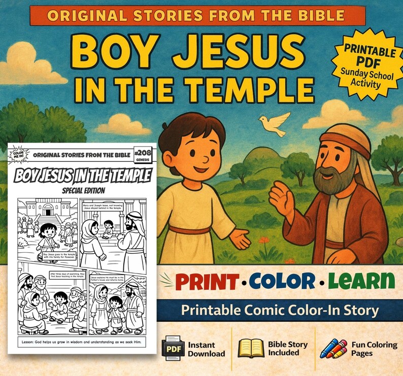Boy Jesus in the Temple Bible Comic Colouring Page: listing photo