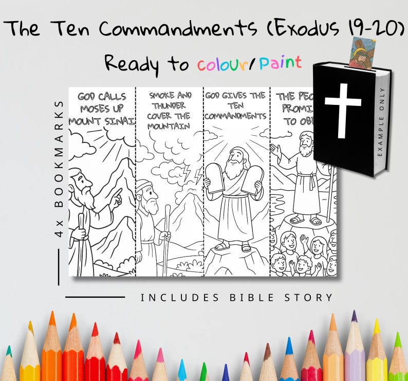 Ten Commandments Bible Story Colouring Bookmarks: listing photo
