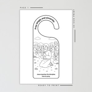 May include: Black and white door hanger with a cutout for the doorknob. The design features a drawing of Jesus teaching his disciples how to pray. Text reads "Pray simply and sincerely" and "Jesus teaches His disciples how to pray."