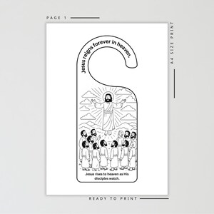 K&ouml;nnte beinhalten: Schwarz-wei&szlig;er T&uuml;rh&auml;nger mit einer Illustration von Jesus, der in den Himmel aufsteigt, umgeben von J&uuml;ngern. Der Text "Jesus herrscht f&uuml;r immer im Himmel" ist oben gew&ouml;lbt. Unten steht "Jesus steigt in den Himmel auf, w&auml;hrend seine J&uuml;nger zusehen."