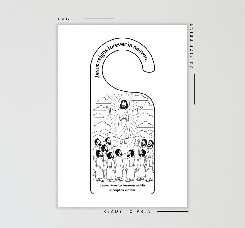 K&ouml;nnte beinhalten: Schwarz-wei&szlig;er T&uuml;rh&auml;nger mit einer Illustration von Jesus, der in den Himmel aufsteigt, umgeben von J&uuml;ngern. Der Text "Jesus herrscht f&uuml;r immer im Himmel" ist oben gew&ouml;lbt. Unten steht "Jesus steigt in den Himmel auf, w&auml;hrend seine J&uuml;nger zusehen."