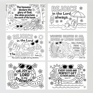 May include: A set of six black and white coloring pages with summer and religious themes. Each page features text from the Bible, along with illustrations of items like sunglasses, watermelon, and ice pops. The pages are designed for coloring.