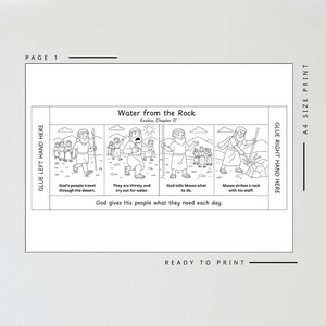 Może przedstawiać: Czarno-biała strona do wydruku z tytułem "Water from the Rock" i ilustracjami przedstawiającymi historię biblijną. Tekst zawiera zwroty takie jak "Lud Boży podr&oacute;żuje przez pustynię" i "Mojżesz uderza w skałę."