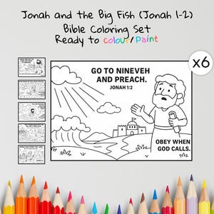 May include: A Bible coloring set featuring the story of Jonah and the Big Fish. The set includes six coloring pages with illustrations and text. The text reads "Go to Nineveh and Preach" and "Obey when God calls."