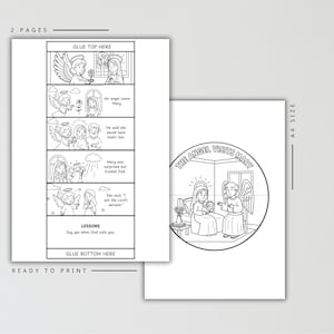 May include: Two-page ready-to-print coloring book with the text "The Angel Visits Mary." The first page has a comic strip layout with illustrations and text. The second page features a circular illustration of Mary and an angel.