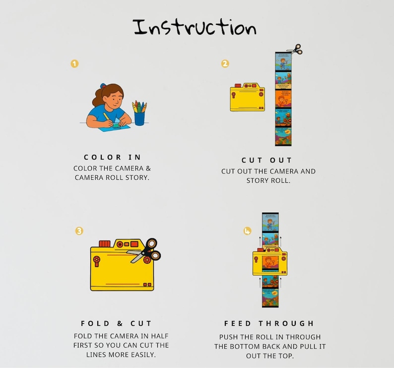 May include: Illustrated instructions for a craft project. The steps include coloring a camera and story roll, cutting them out, folding the camera, and feeding the roll through. Text includes "Instruction", "Color In", "Cut Out", "Fold & Cut", and "Feed Through".