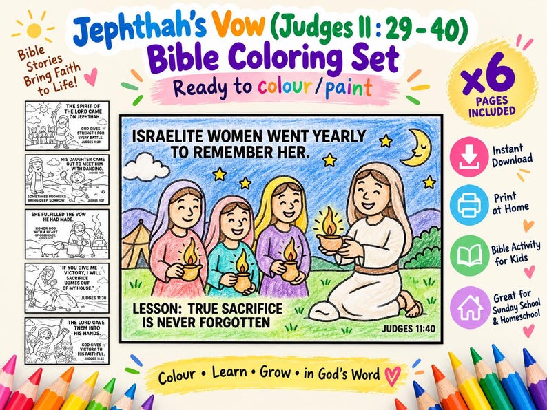 Jephthah’s Vow Bible Colouring Pages: listing photo