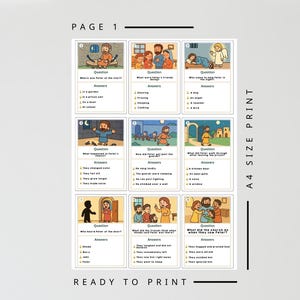 Op de afbeelding: A4-afdruk met Bijbelverhaal flashcards. Elke kaart bevat een vraag- en antwoordset met illustraties. De kaarten zijn ontworpen voor educatieve doeleinden en zijn klaar om af te drukken.