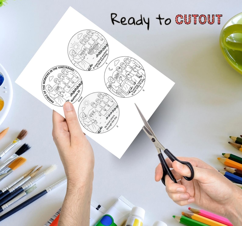 May include: A white sheet with four circular illustrations depicting a biblical parable, with the text "Ready to CUTOUT". The illustrations are in black and white, and scissors are cutting the sheet.