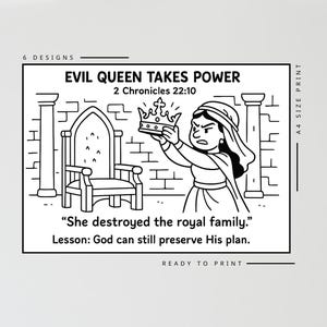 Op de afbeelding: Zwart-wit illustratie van een koningin die een kroon vasthoudt, met de tekst "EVIL QUEEN TAKES POWER" en "She destroyed the royal family." De afbeelding bevat een troon en pilaren, met de tekst "READY TO PRINT".