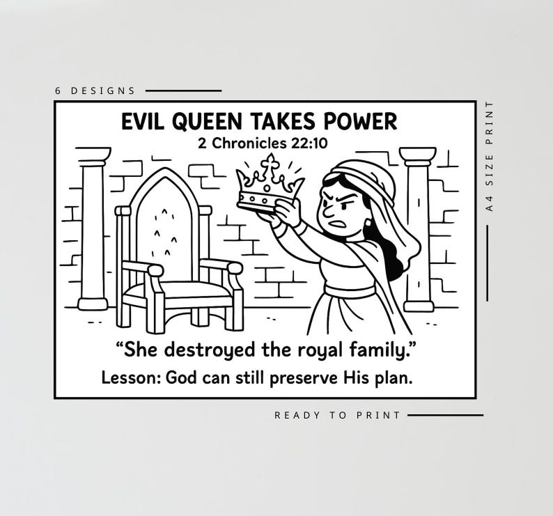Op de afbeelding: Zwart-wit illustratie van een koningin die een kroon vasthoudt, met de tekst "EVIL QUEEN TAKES POWER" en "She destroyed the royal family." De afbeelding bevat een troon en pilaren, met de tekst "READY TO PRINT".