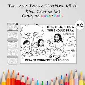 May include: A Bible coloring set with illustrations from The Lord's Prayer (Matthew 6:9-13). The set includes a main image with Jesus and children, plus six smaller panels. Text includes "This, then, is how you should pray."