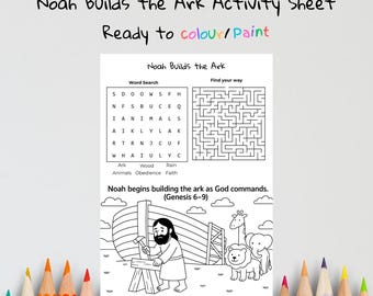 Manualidad bíblica: Noé construye el arca / Juegos bíblicos para niños / Actividad para la escuela dominical / Página para colorear cristiana / Lección basada en la fe imprimible