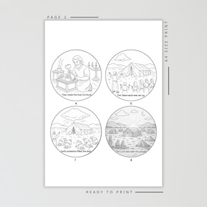 Pode incluir: Impress&atilde;o A4 em preto e branco com quatro ilustra&ccedil;&otilde;es circulares retratando cenas b&iacute;blicas. As ilustra&ccedil;&otilde;es incluem texto como "Eles fizeram os m&oacute;veis sagrados" e "O Tabern&aacute;culo foi montado."