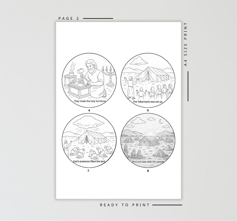 Pode incluir: Impress&atilde;o A4 em preto e branco com quatro ilustra&ccedil;&otilde;es circulares retratando cenas b&iacute;blicas. As ilustra&ccedil;&otilde;es incluem texto como "Eles fizeram os m&oacute;veis sagrados" e "O Tabern&aacute;culo foi montado."