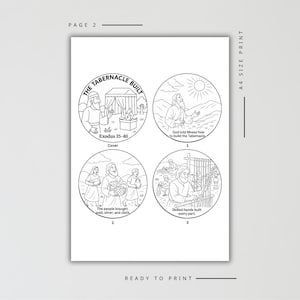 Może przedstawiać: Czarno-biała ilustracja strony gotowej do druku z czterema okrągłymi rysunkami. Rysunki przedstawiają sceny z Księgi Wyjścia 35-40, w tym budowę Przybytku. Tekst zawiera "The Tabernacle Built" i "A4 Size Print."