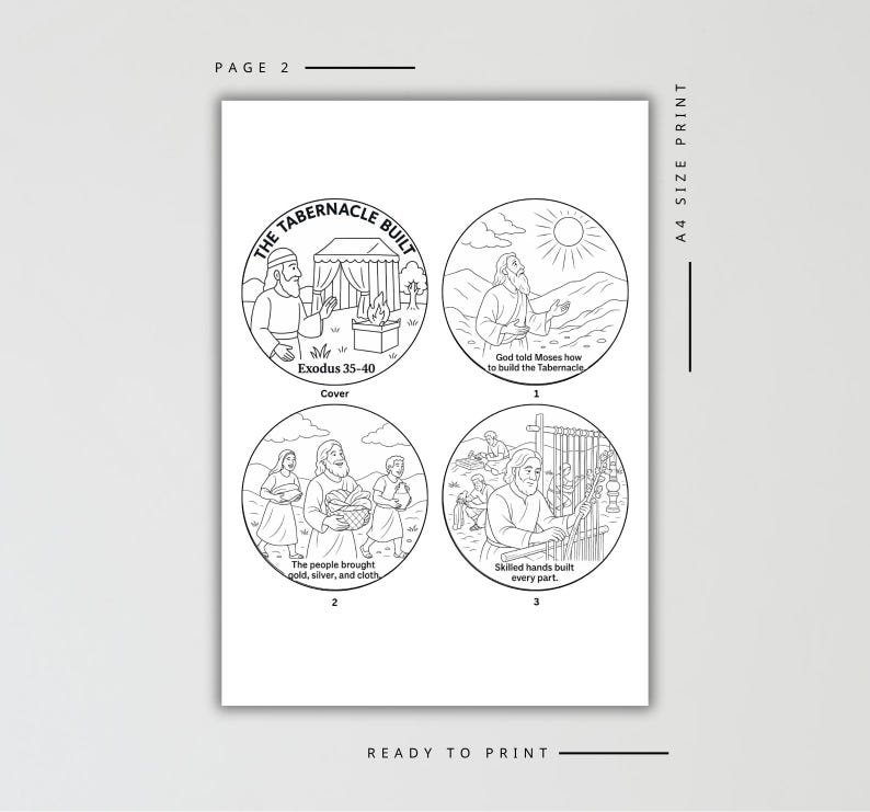 Może przedstawiać: Czarno-biała ilustracja strony gotowej do druku z czterema okrągłymi rysunkami. Rysunki przedstawiają sceny z Księgi Wyjścia 35-40, w tym budowę Przybytku. Tekst zawiera "The Tabernacle Built" i "A4 Size Print."