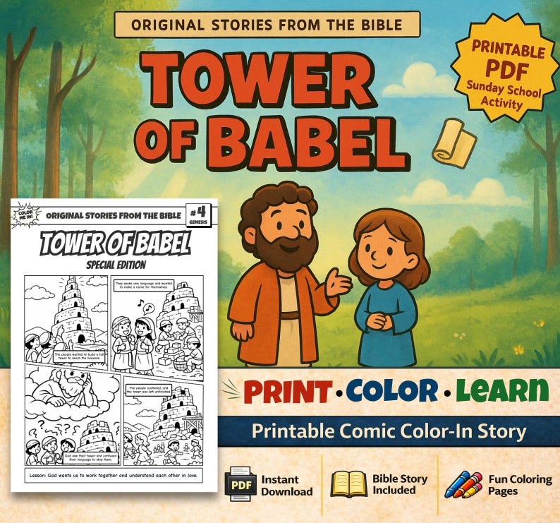 Tower of Babel Bible Comic Colouring Page: listing photo